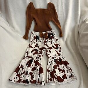 Infant Girls Size 80 (12-18 Mo) Cow Print Pants‎ With Matching Brown Top
